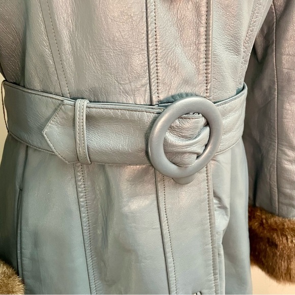 Vintage Rajac Leathers Penny Lane Fur Trim Leather Coat Longline Grey Size Small - Picture 4 of 12